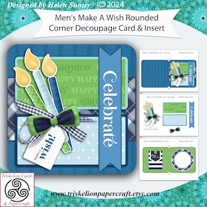 Printable Men's Make A Wish Rounded Corner 3D Decoupage Birthday Card Making Kit Digital Download Male Cards
