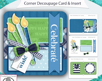 Printable Men&#39;s Make A Wish Rounded Corner 3D Decoupage Birthday Card Making Kit Digital Download Male Cards