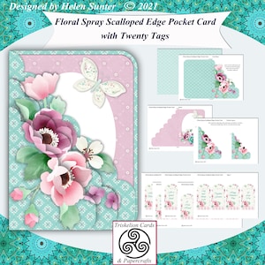 Floral Spray Scalloped Edge Pocket 3D Decoupage Card Making Kit & 20 Tags, Valentine, Birthday, Good Luck, Download, Printables, Card Kits