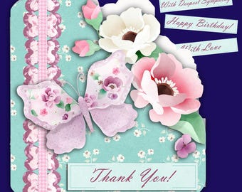 Printable Floral WIshes Shaped 3D Decoupage Card Making Kit, with Extra Sentiments, Make Your Own Cards. Instant Digital Download, DIY Cards