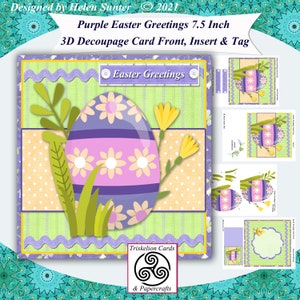 Purple Easter Greetings 7.5 Inch 3D Decoupage Card Front Card Making Kit Digital Download Make Your Own Cards Paper Crafts Printables