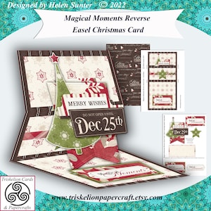 May include: A reverse easel Christmas card with a pop-up tree design. The card features a brown, red, and green color scheme with a white snowflake pattern. The card is decorated with the words "Magical Moments Reverse Easel Christmas Card", "Merry Wishes", and "Do Not Open Until Dec 25th".