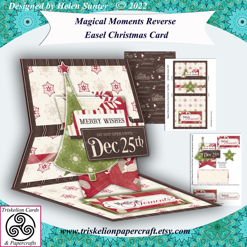 May include: A reverse easel Christmas card with a pop-up tree design. The card features a brown, red, and green color scheme with a white snowflake pattern. The card is decorated with the words "Magical Moments Reverse Easel Christmas Card", "Merry Wishes", and "Do Not Open Until Dec 25th".