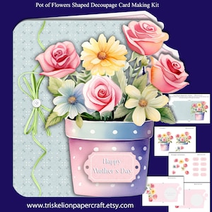 Puede incluir: Un kit para hacer tarjetas con un diseño de acuarela de una maceta llena de rosas, margaritas y otras flores. La maceta es rosa y azul con lunares blancos. La tarjeta incluye el texto "Happy Mother's Day".