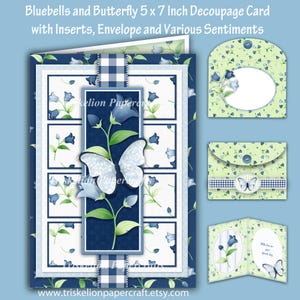Bluebells and Butterfly Printable 3D Decoupage Card Making Kit with Matching Envelope and Various Sentiments, Birthday, Mother's Day, Friend