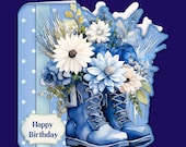 Printable Blue Boots & Flowers Shaped Card With Insert Card Making Kit Digital Download Birthday, Mother's Day, Dear Friend etc.