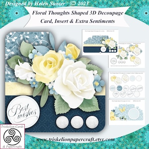 Printable Floral Thoughts Shaped 3D Decoupage Card Making Kit with Insert & Extra Sentiments Digital Download Birthday Mother's Day Sympathy