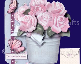 Butterflies and Roses 3D Decoupage Card Making Kit with Matching Envelope & Inserts, Printable Digital Download Thank You Birthday Sympathy