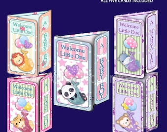 May include: A set of five offset gatefold cards titled New Baby Welcome Offset Gatefold Card Kits Bumper Set. Each card features the text Welcome Little One and A Baby Boy or A Baby Girl, with illustrations of animals like a lion, panda, tiger, hippo, and monkey.