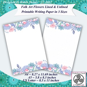 Printable Stationery Set Folk Art Pink and Blue Floral Lined & Unlined Writing Paper, A4 A5 US Letter Size, Note Paper, Digital Download