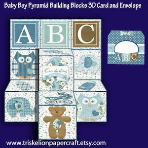 Baby Boy Pyramid Building Blocks 3D Card Making Kit includes Envelope, Printable Digital Download, New Baby Cards, Paper Crafts, Cardmaking