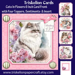 Printable Cats in Flowers Decoupage Card Front Digital Card Making Kit and Insert, Includes Various Sentiments and Four Toppers