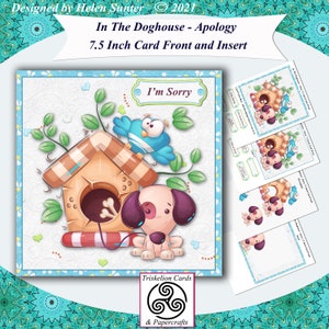 Printable In The Doghouse 3D Decoupage I'm Sorry Card Front Card Making Kit, Digital Download Card Making Printables