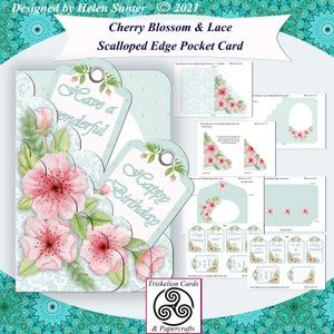 Printable Cherry Blossom & Lace Scalloped Edge Pocket Card and Envelope Card Making Kit and 12 Tags, Anniversary, Birthday, Friend