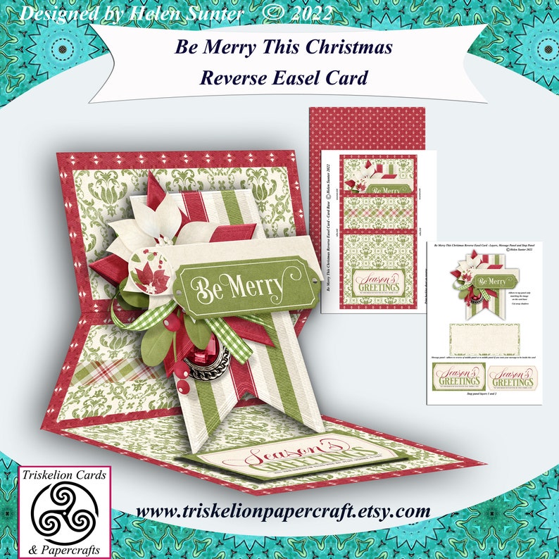 May include: A red, green, and white Christmas card with a reverse easel design. The card features a poinsettia, a green bow, and a red ribbon. The card is decorated with the words "Be Merry" and "Season's Greetings".