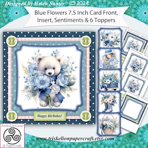 Printable Blue Flowers Card Front with Insert, Various Sentiments & 6 Toppers Card Making Kit Instant Digital Download Bear Girl Boots Truck