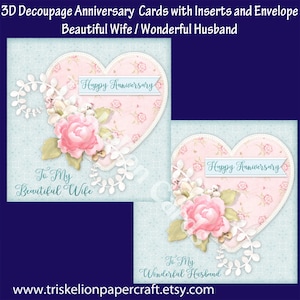 Romantic Anniversary Card Making Kit with Decoupage Inserts and Envelope, Wonderful Husband, Beautiful Wife, Printable Digital Download