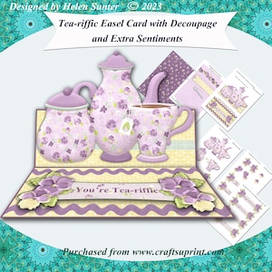 Printable Tea-riffic Easel Card with Decoupage and Various Sentiments Digital Card Making Kit  Anniversary, Birthday, Friend, Valentine etc.