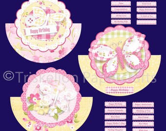 May include: A collection of butterfly rocker cards with decoupage, inserts, and sentiments. The cards feature a pink and yellow color scheme with butterfly and floral designs. The cards have the text "Happy Birthday" and other sentiments.