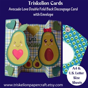 Printable Avocado Love Double Fold Back Card Making Kit with Decoupage and Envelope Instant Digital Download, Couple, Valentine