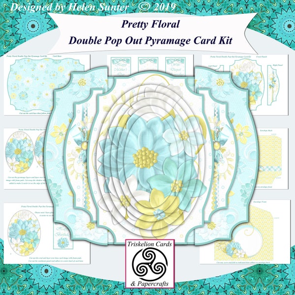 Printable Pretty Floral Double Pop Out Pyramage Card Making Kit with Envelope Digital Download Birthday, Mother's Day, Sympathy, Anniversary