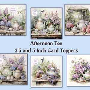 Printable Afternoon Tea Square Card Toppers in Two Sizes for Card Making, Tags Digital Collage Sheets, 3.5 & 5 Inch Squares with Sentiments