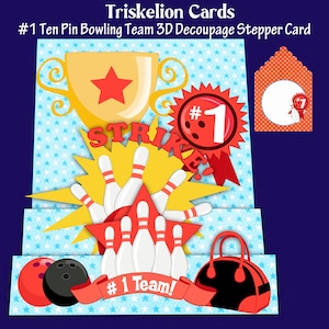 Printable Number 1 Ten Pin Bowling Team Stepper Card with Decoupage and Envelope Card Making Kit, No. 1 Team, Number One Team