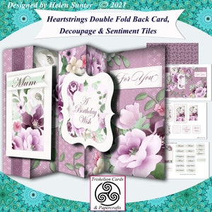 Printable Heartstrings Double Fold Back Digital Card Making Kit with Decoupage and Extra Sentiments