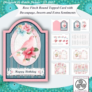 Printable Rose Finch 3D Decoupage Card Making Kit with Insert, Matching Envelope and 22 Sentiments - Birthday, Thank You, Mother&#39;s Day etc.