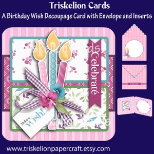 A Birthday Wish Rounded Corner Printable 3D Decoupage Birthday Card Making Kit with Matching Envelope Digital Download, Birthday Candles