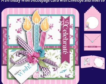 A Birthday Wish Rounded Corner Printable 3D Decoupage Birthday Card Making Kit with Matching Envelope Digital Download, Birthday Candles