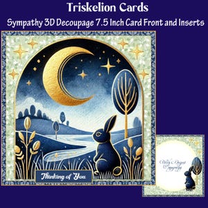 Moon and Rabbit Sympathy 3D Decoupage Card Front with Inserts and Sentiments, Printable Card Making Kit