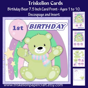 Printable Birthday Bear 7.5 Inch Square Card Front Kit Ages 1 to 10 with Decoupage & Matching Insert, Digital Download 1st First Birthday