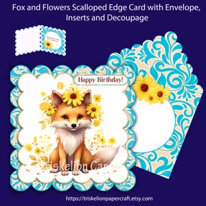 Fox and Flowers Scalloped Edge 3D Decoupage Card Making Kit with Extra Sentiments Two Inserts & Matching Envelope Printable Digital Download