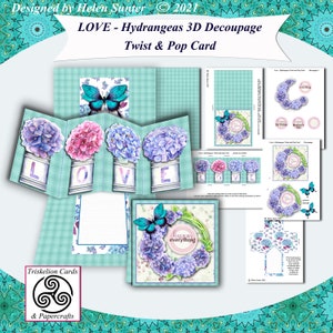 LOVE - Hydrangeas 3D Decoupage Twist and Pop Digital Card Making Kit Printables Crafting Papercrafts Paper Crafts Cardmaking Kits Valentine