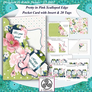 Digital Card Making Kit Pretty in Pink Scalloped Edge Pocket Card Kit with Insert and 20 Tags Papercraft Download Various Occasions