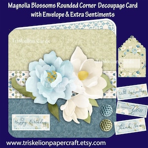 Printable Magnolia Blossoms Rounded Corner Decoupage Card with Insert & Envelope Card Making Kit Digital Download Make Your Own Floral Cards