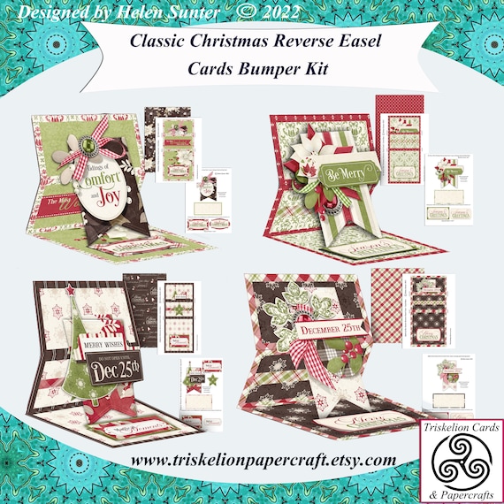 Classic Christmas Reverse Easel Cards Bumper Card Making Collection, Four Printable Card Making Kits in a Set Make Your Own Cards. DIY Cards