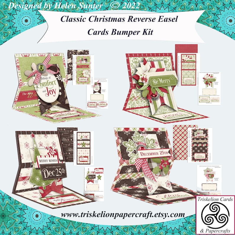 May include: A set of three Christmas card kits featuring reverse easel cards with a festive theme. Each kit includes a variety of paper crafting elements, including patterned paper, die cuts, and embellishments. The cards feature a variety of Christmas designs, including a Christmas tree, a star, and a wreath. The kits are perfect for creating unique and personalized Christmas cards.