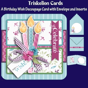 Printable A Birthday Wish Rounded Corner 3D Decoupage Birthday Card Making Kit Blue Version Digital Download