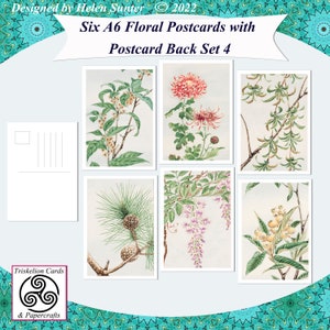 Printable Floral A6 Postcards with Postcard Back Set 4 Ideal for Journal Cards, Note Cards, Snail Mail, Postcrossing, Framing etc.