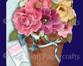 Floral Gift Shaped 3D Decoupage Printable Card Making Kit with Blank Insert, Envelope and 14 Plus Sentiments for Birthday, Anniversary