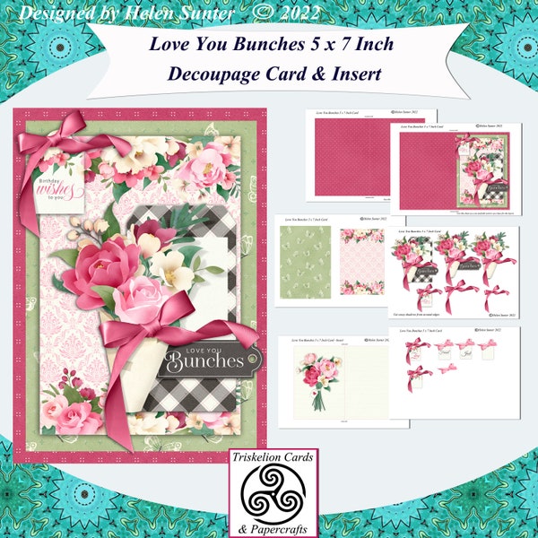 Printable Love You Bunches Decoupage Card & Insert Various Sentiments Card Making Kit Birthday Digital Download Make Your Own DIY Cards