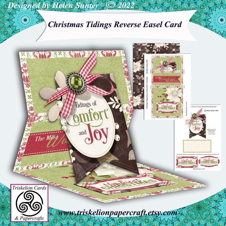 May include: A printable digital download for a Christmas card featuring a reverse easel design. The card features a brown and green color scheme with a red and white gingham bow. The text on the card reads "Tidings of comfort and joy".