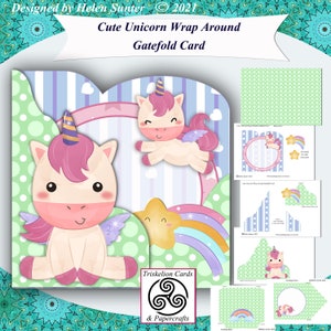 Printable Cute Unicorn Wrap Around Gatefold 3D Decoupage Card Making Kit with Matching Envelope, Children's Birthday Card, Instant Download