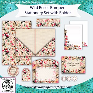 Printable Wild Roses Bumper Stationery Set with Folder A5 Lined & Plain Writing Paper, Note Cards, Envelopes, Tags, Envelope Seals Download