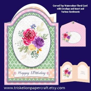 Round Topped Watercolour Floral Printable Decoupage Card Making Kit with Matching Envelope and Various Sentiments, Birthday, Mother's Day