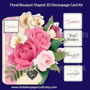 Floral Bouquet 3D Decoupage Card Making Kit with Thank You, Sympathy, Birthday,  Get Well Sentiments and More, Printable Digital Download