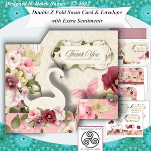 Printable 3D Decoupage Double Z Fold Card Making Kit with Envelope & Extra Sentiments - Digital Download - Swan