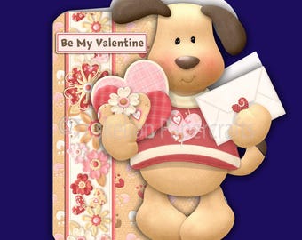 Doggie Valentine Printable Shaped 3D Decoupage Card Making Kit with Insert and Envelope, Be My Valentine Instant Digital Download
